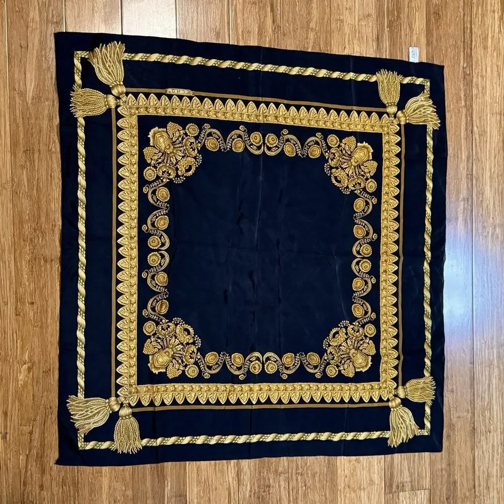 VTG Echo Luxury Black Gold Floral Scroll Tassel Motif Silk Scarf 29” X 30”